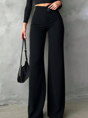 Black buttoned high-waist wide-leg trousers with a single button detail.