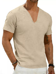 Men's Khaki V-neck Linen T-shirt with short sleeves.