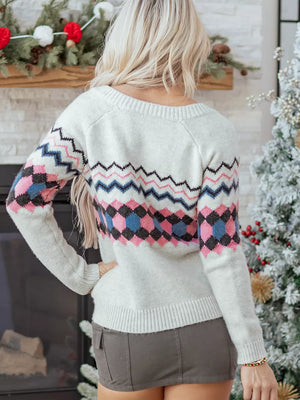 Stripe Geometric Button Up Sweater Cardigan in Light Gray, side view