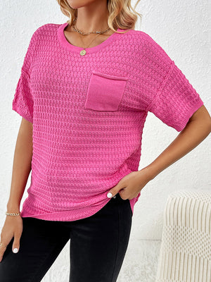 Hot Pink textured knit t-shirt with boxy silhouette and chest pocket.