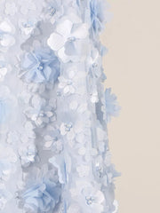 Blue mini dress with 3D floral appliques and pearl embellishments.
