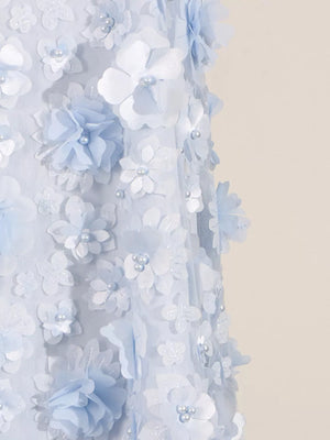 Blue mini dress with 3D floral appliques and pearl embellishments.