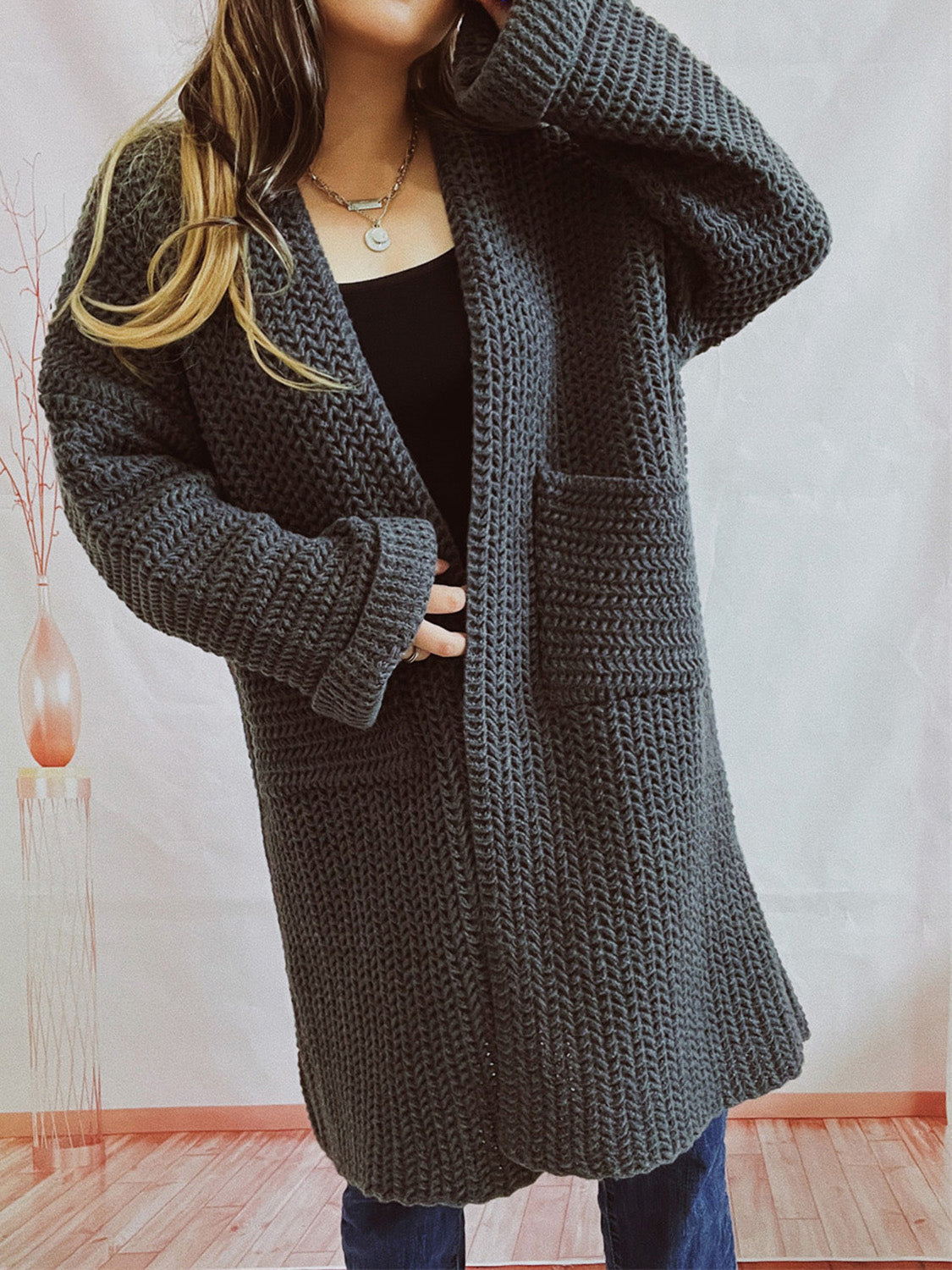 Chunky knit cocoon cardigan coat in charcoal with pockets and cuffed sleeves.