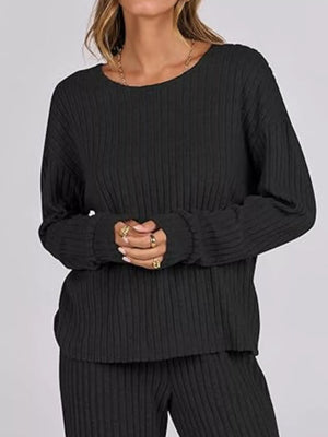 Black ribbed knit long sleeve top and pants set with crew neck