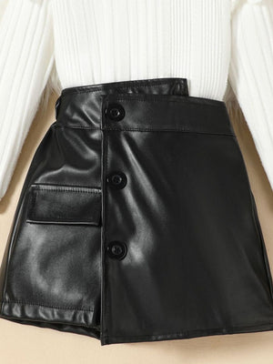 Black leather skirt with button front and pocket detail, paired with a ribbed knit top.