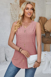 Dusty Pink perforated button-down sleeveless top with V-neck and eyelet detail