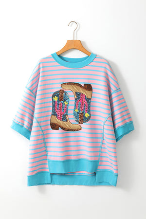 Blush pink and blue striped sweatshirt with sequin cowboy boot graphic