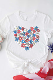 White t-shirt with red, white, and blue floral heart graphic.