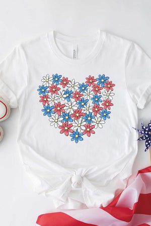 White t-shirt with red, white, and blue floral heart graphic.