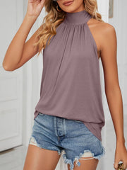 Lilac ruched high neck cami with tie back detail, sleeveless, and a draped front.