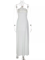White halter neck ruched maxi dress with tie back detail