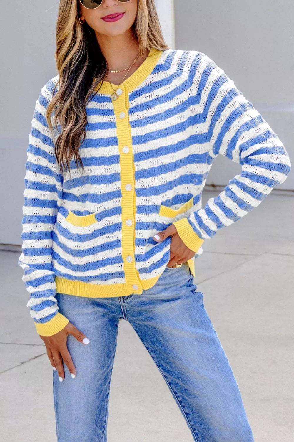 Button-down V-neck Knit Long-sleeve Top in Light Blue, front view