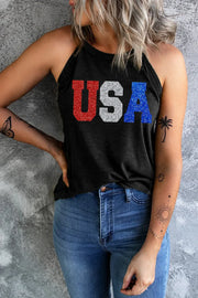 Black halter tank top with glitter USA graphic
