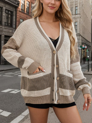Waffle knit colorblock cardigan with V-neck, buttons, and pockets in beige and brown stripes.