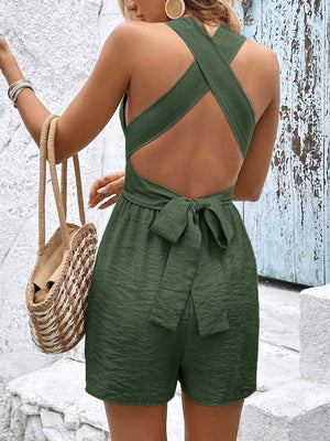 Moss green sleeveless romper with crisscross back and tie waist detail