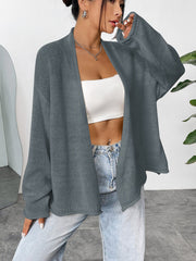 Dark Gray acrylic open-front slouchy knit cardigan with wide sleeves.