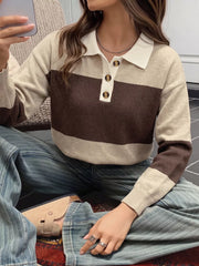 Color Block Polo Collar Sweater in Coffee Brown, close-up detail