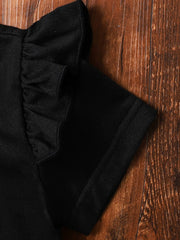 Black baby set with ruffled short sleeves and heart appliqué detail.