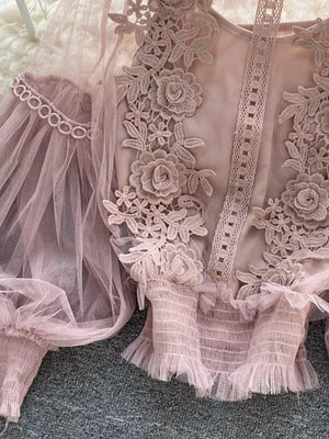 Light pink embroidered lace blouse with sheer sleeves and ruffled cuffs.