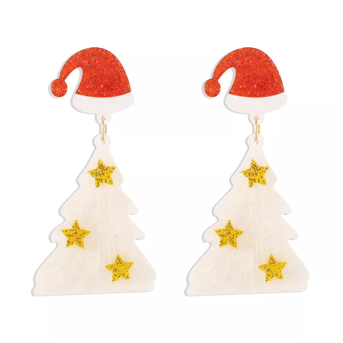 White acrylic Christmas tree dangle earrings with Santa hats and gold stars.