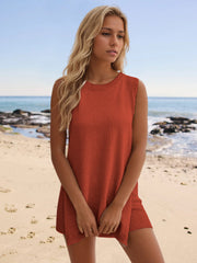 Textured knit co-ord set in rust with side slits.