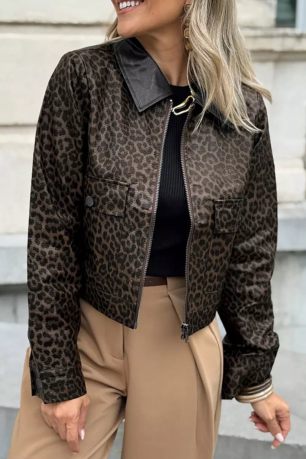 Leopard Print Cropped Faux Leather Jacket in Black, side view