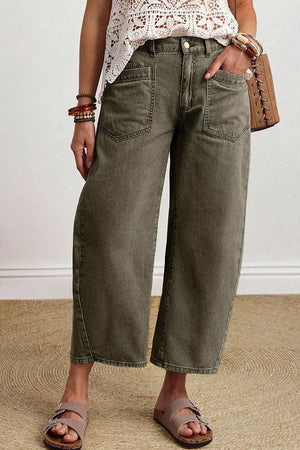 Four Leaf Clover Solid Color Ankle Jeans in Army Green, model styling view