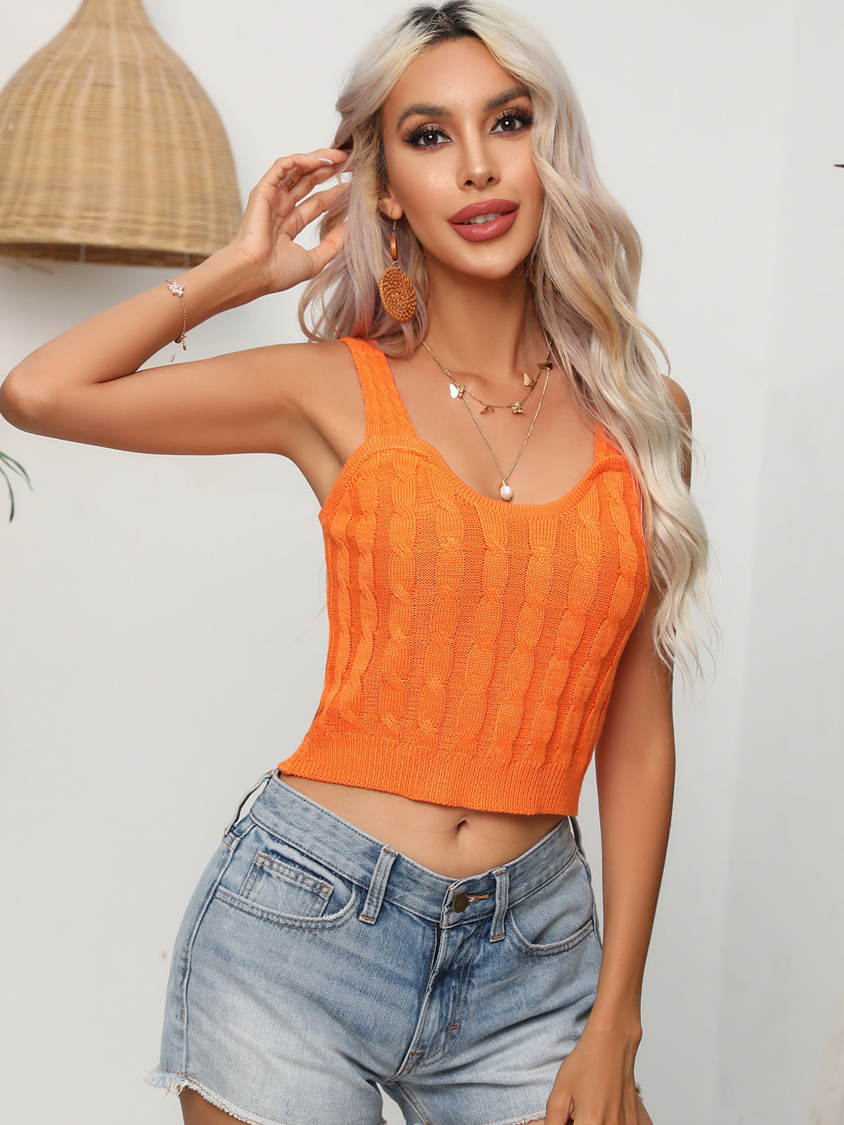 Orange cable knit crop top tank with scoop neck