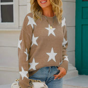 Taupe acrylic crewneck sweater with white stars, long sleeves, and a relaxed fit.