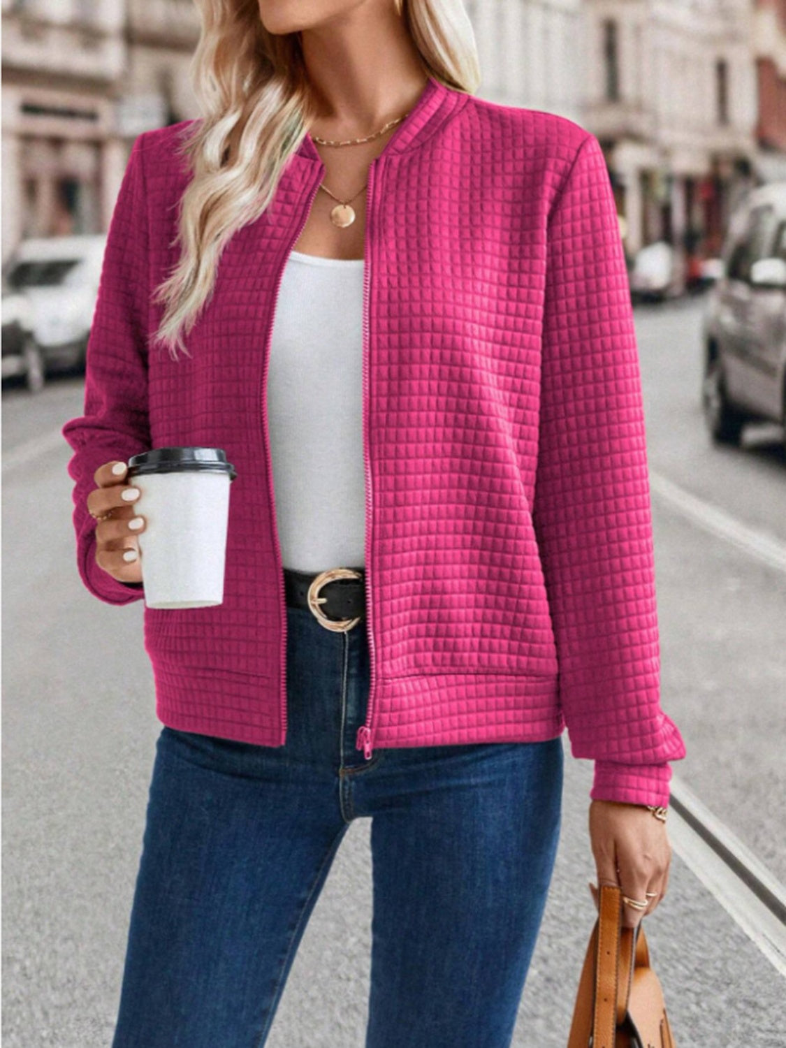 Deep Rose quilted bomber jacket with zip closure and ribbed cuffs.