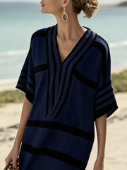 Blue and black striped half sleeve midi dress with a V-neck.