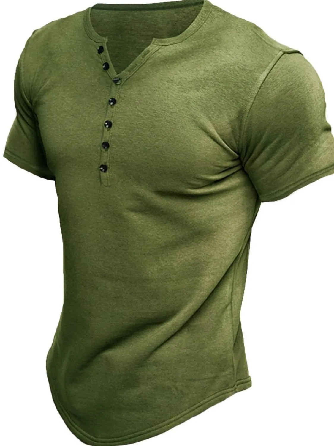 Moss green henley tee with button placket and curved hem