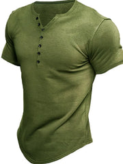 Moss green henley tee with button placket and curved hem