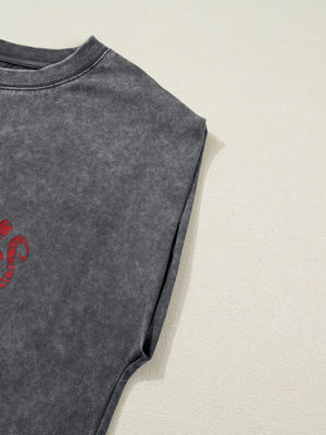 Dark gray acid-washed cotton tank top with red graphic detail