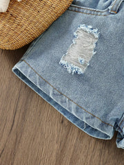 Toddler denim shorts with distressed patch detail and frayed hem.
