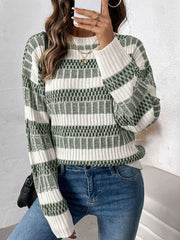 Chic contrast knit pullover sweater in sage and white with a geometric pattern and crew neck.