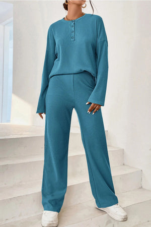 Teal ribbed henley set with button detail and wide leg pants
