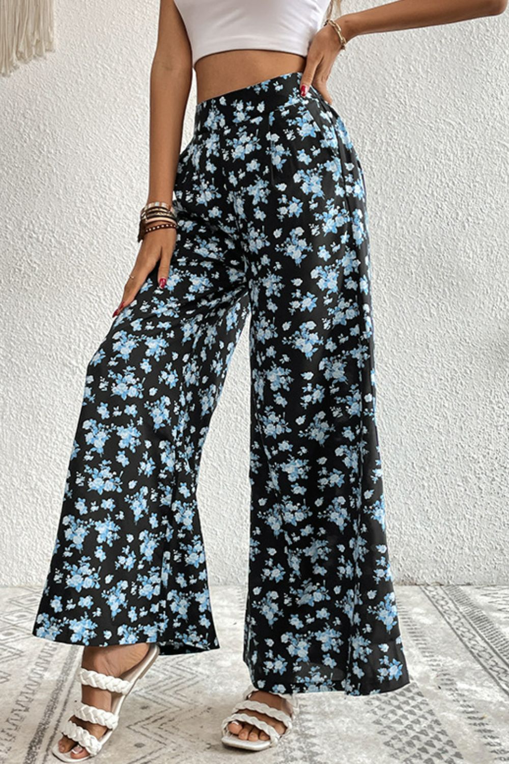 Midnight floral palazzo trousers with a wide leg and high waist.