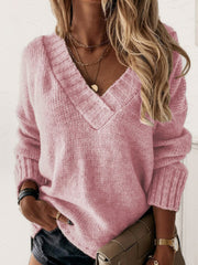 Dusty Pink V-neck knit sweater with ribbed trim and cuffs.
