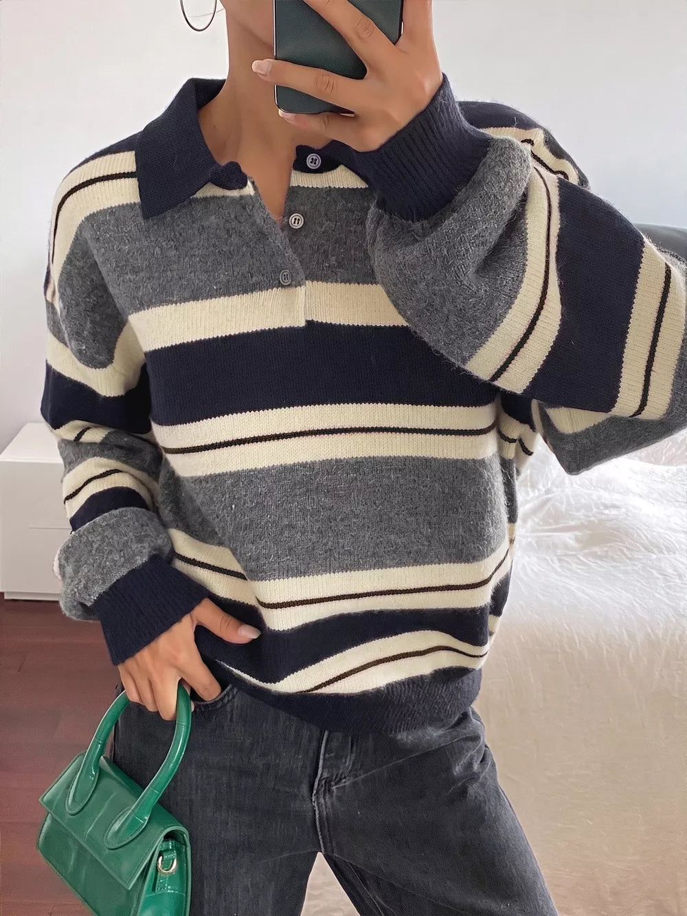 Striped Long Sleeve Button Detail Sweater in Dark Blue, side view
