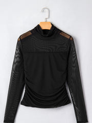 Black sheer mesh maternity shirt with high neck and ruched sides.