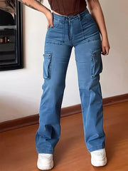 Blue cotton cargo pants with high waist and buttoned pockets.