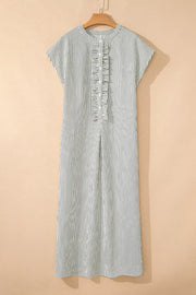 Black and white striped maxi swim dress with ruffle button-down front and cap sleeves.