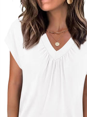 White ruched v-neck t-shirt with short sleeves and relaxed fit.