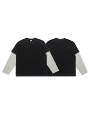 Men's black fake two-piece long sleeve t-shirt with light grey sleeves.