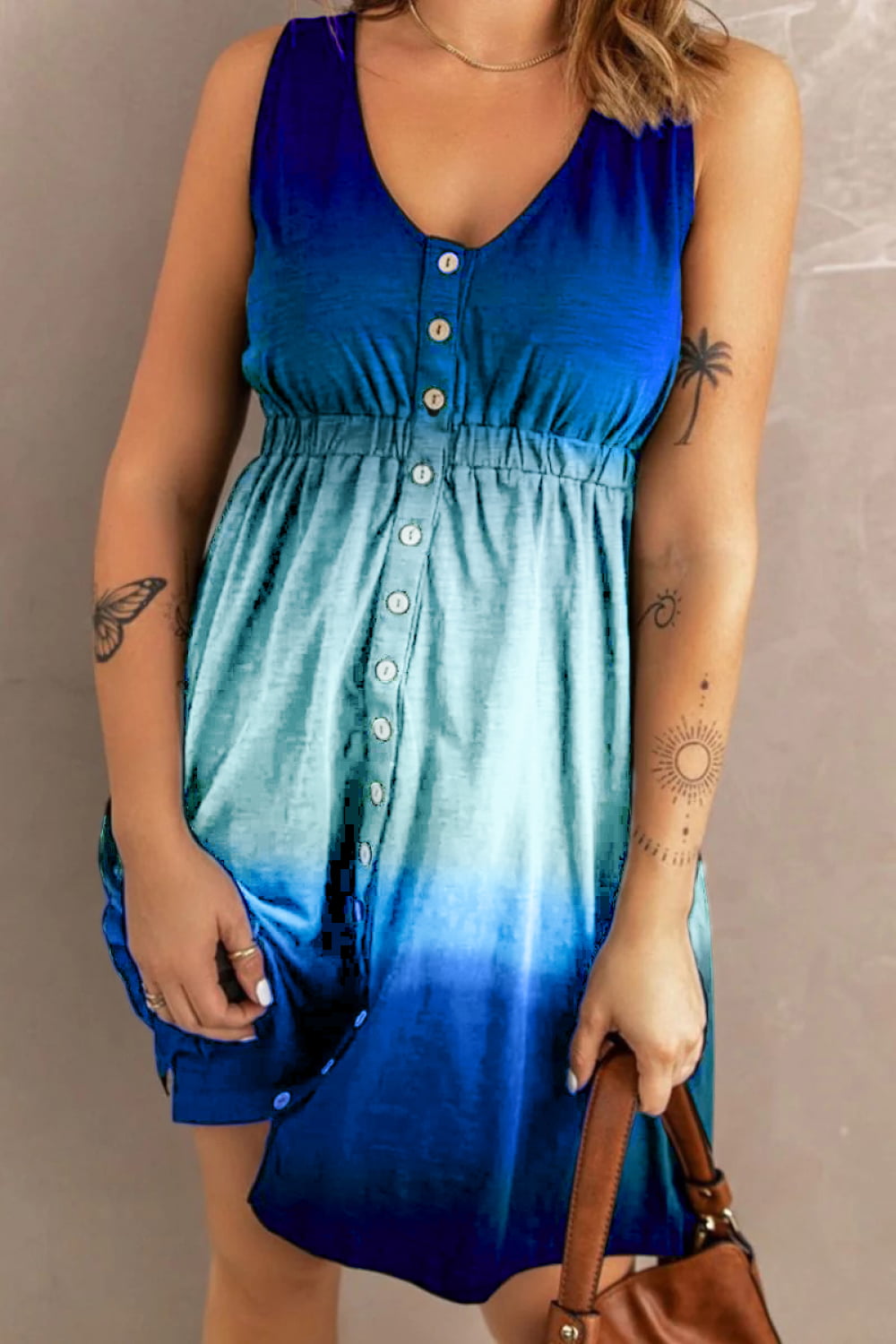 Blue ombre button-down dress with elastic waist and V-neck