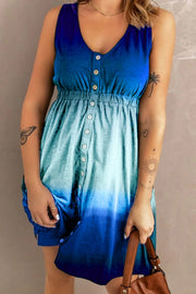 Blue ombre button-down dress with elastic waist and V-neck
