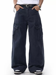 Men's dark navy cargo sweatpants with multiple pockets and a relaxed fit.