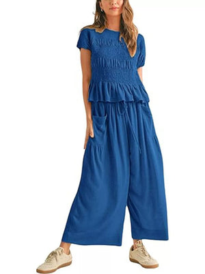 Smocked Peplum Top And Wide-leg Pants Set in Terracotta, view 13