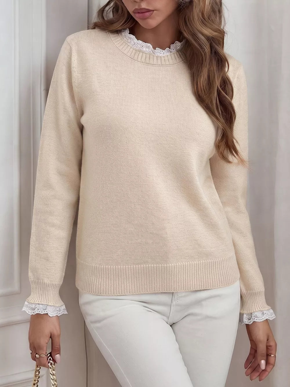 Elegant Lace Trim Round Neck Sweater in Apricot, model styling view